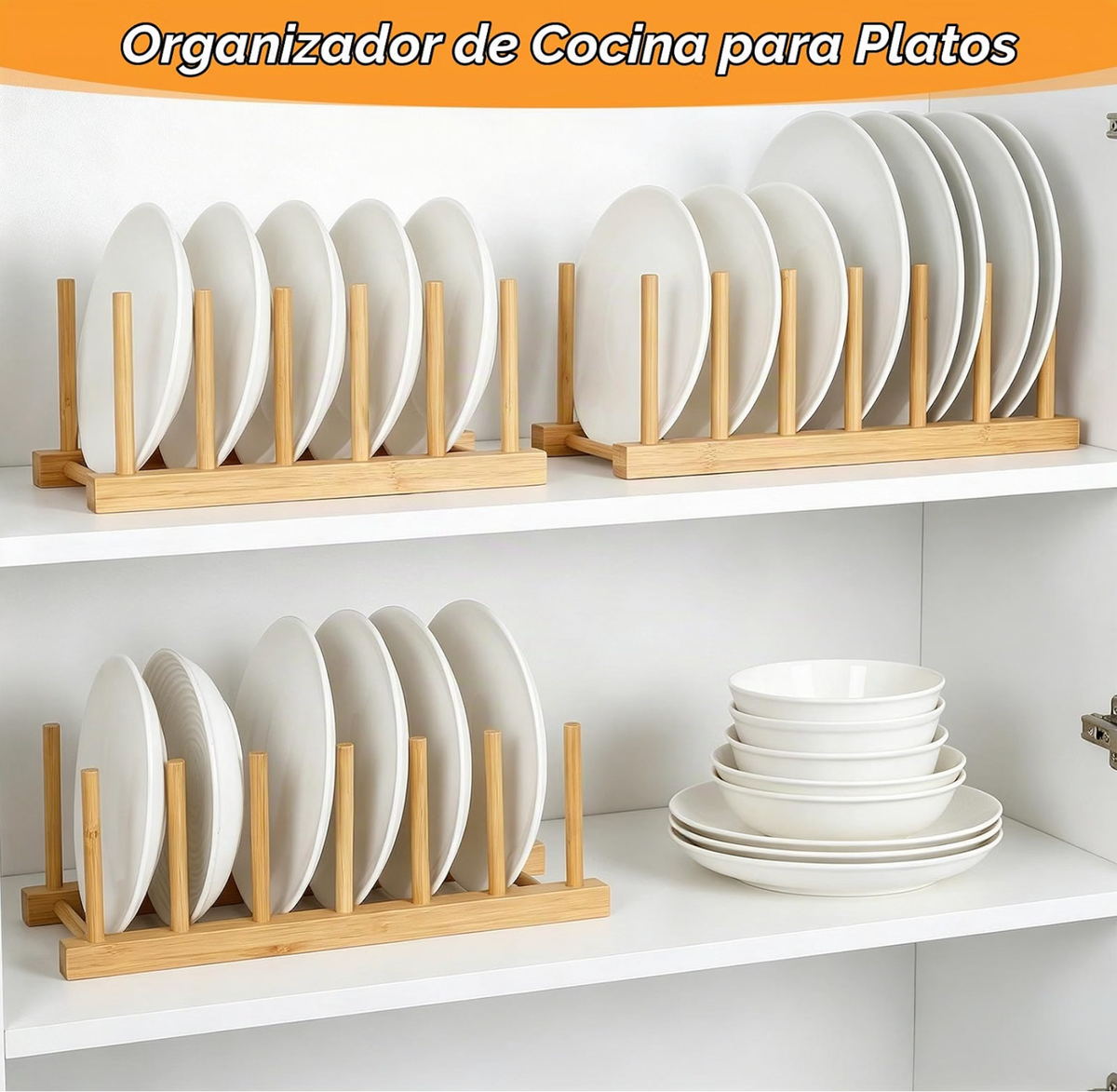 Organizador Multifuncional de Platos y Tapas de Bambu